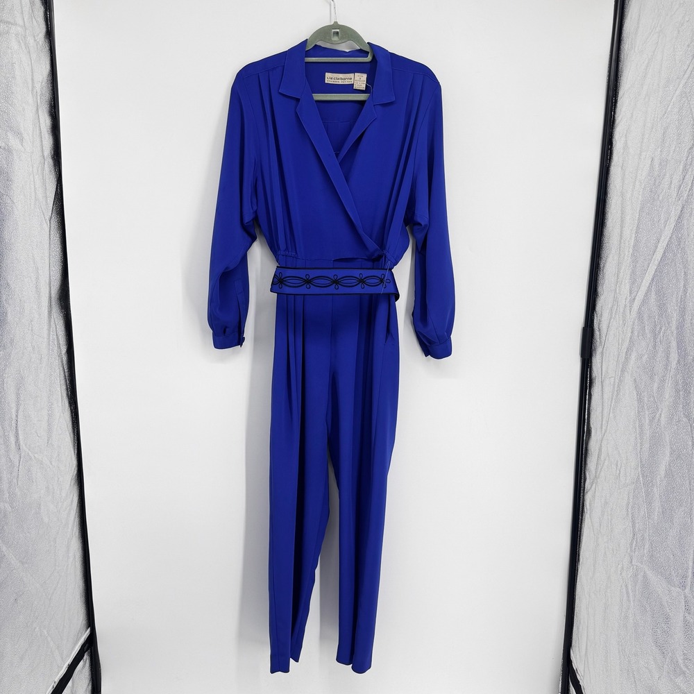 Liz Claiborne Jumpsuit Women 8P Blue Vintage 80s Wrap Belted Long Sleeve Tapered